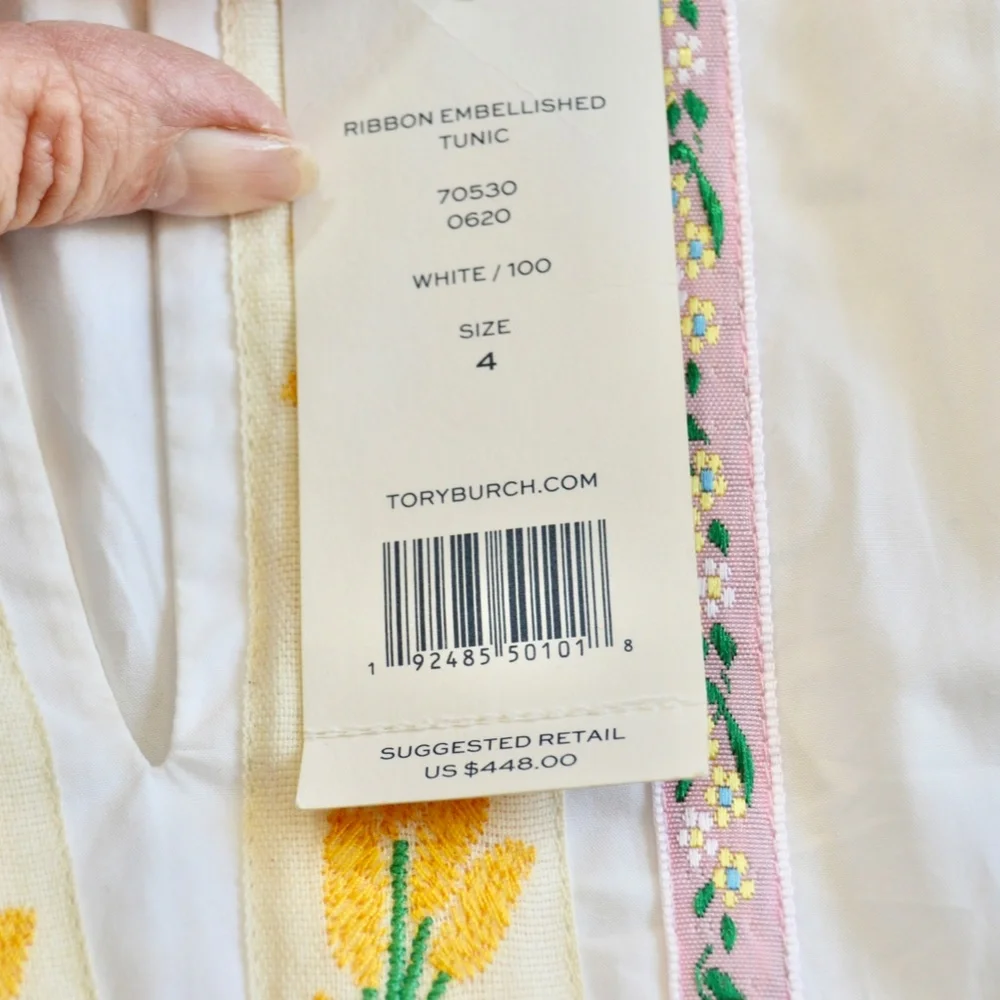🏷️ NWT Tory Burch Ribbon Embellished Tunic in White Size 4